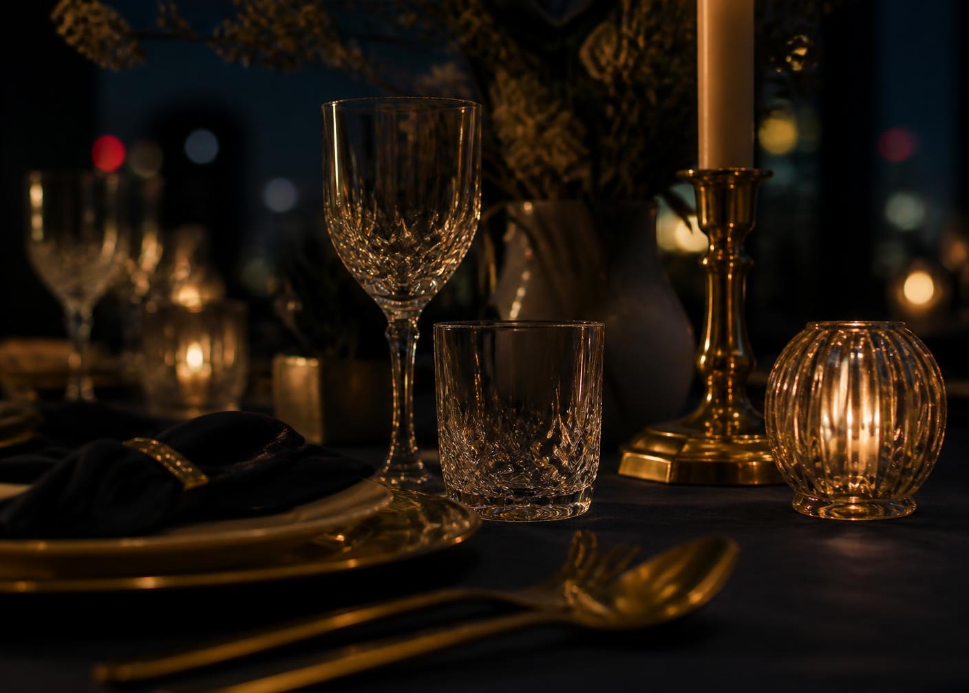 An intimate candlelit dining table set for a small evening gathering