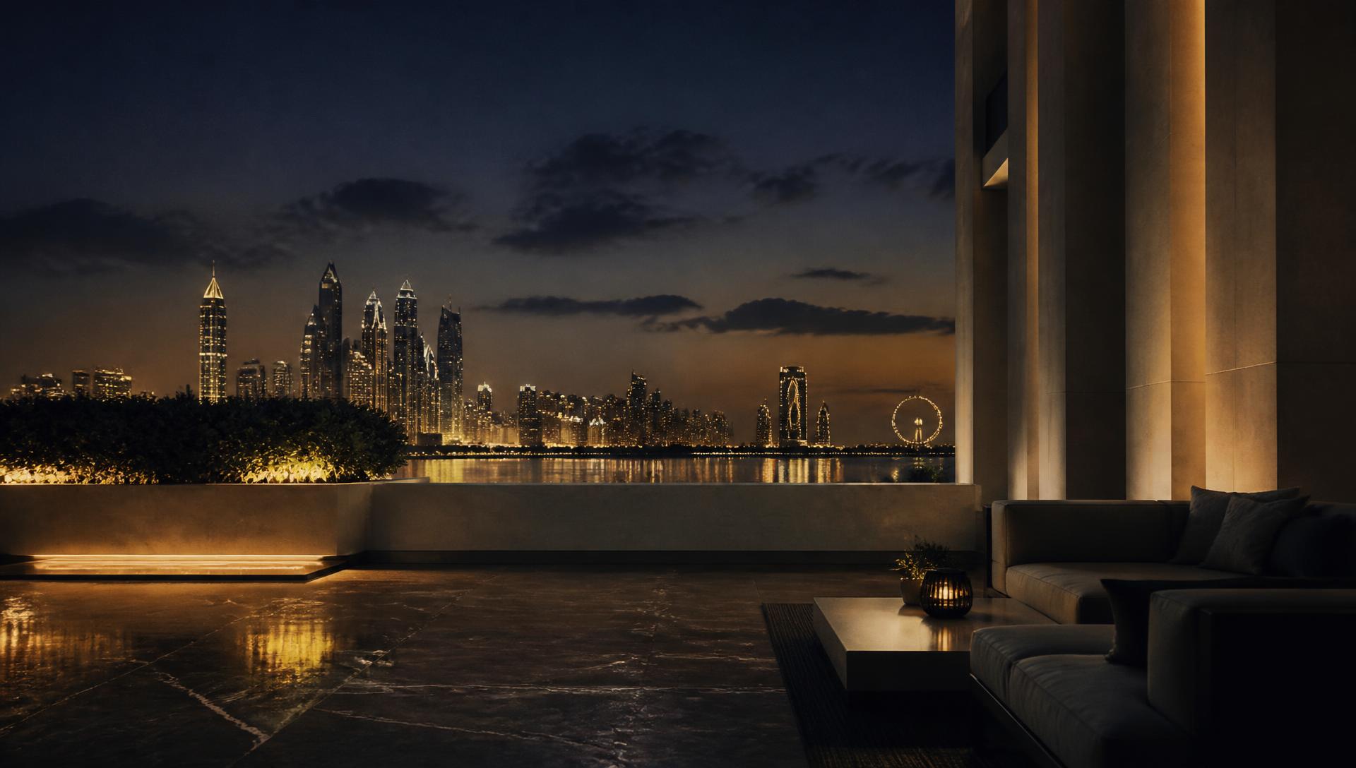 Evening terrace overlooking a harbour skyline