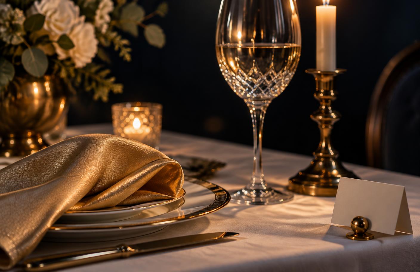 A folded champagne-gold napkin and crystal glassware on crisp white linen