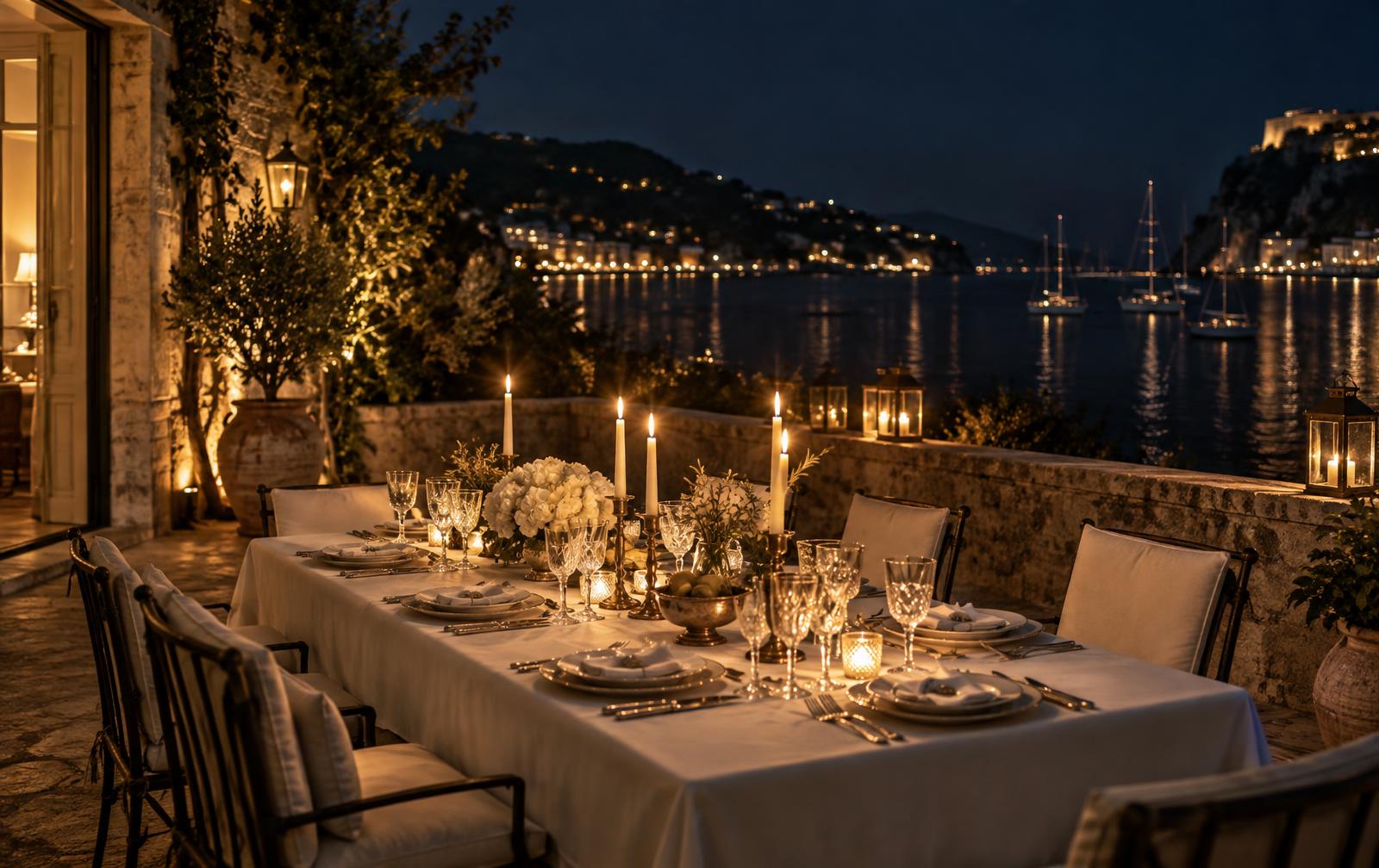 A long candlelit dinner table set on a stone terrace above a harbour at night