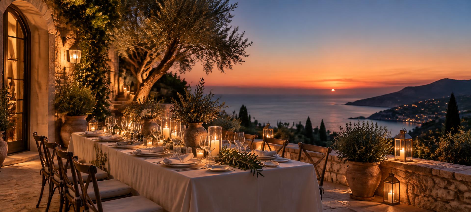 A long candlelit table on a coastal terrace at sunset, with empty chairs