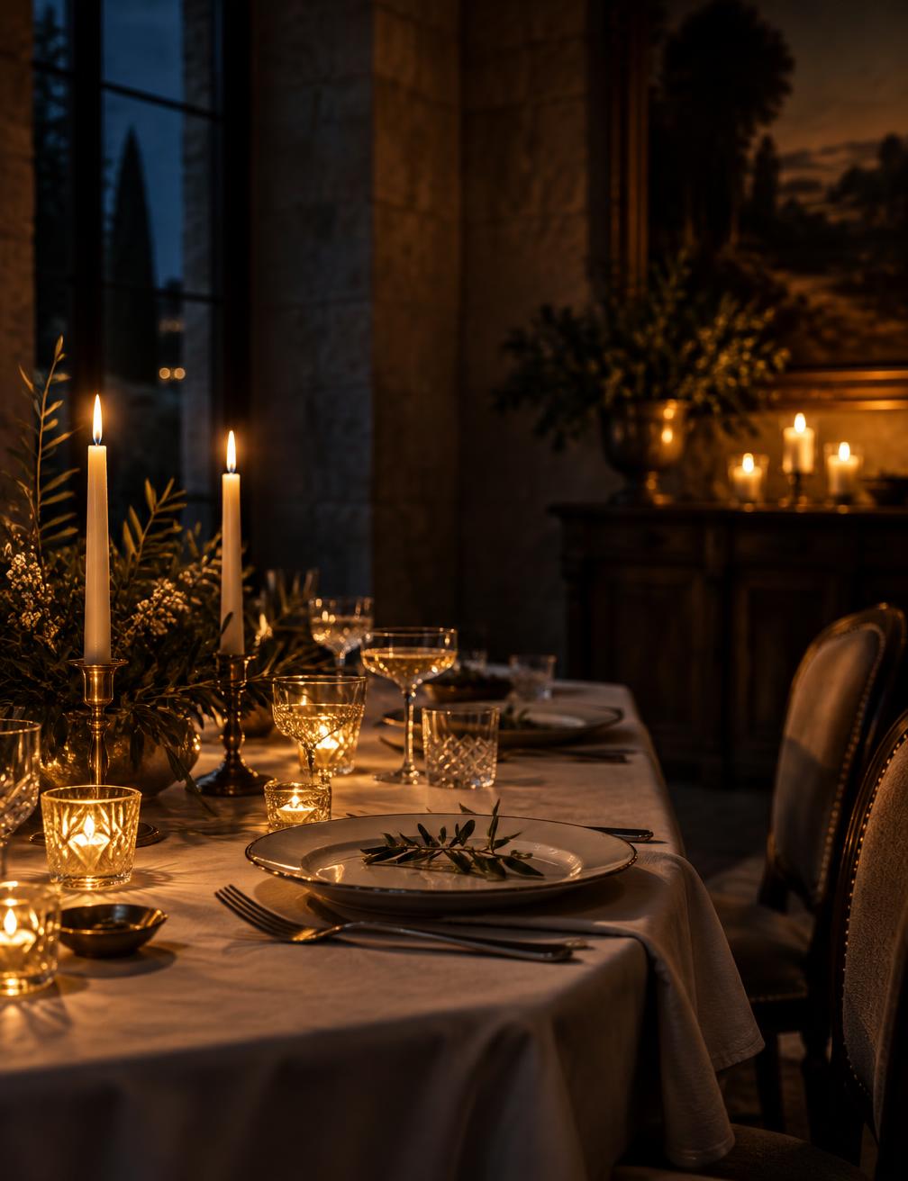 A candlelit table set beside a tall window in a dim dining room