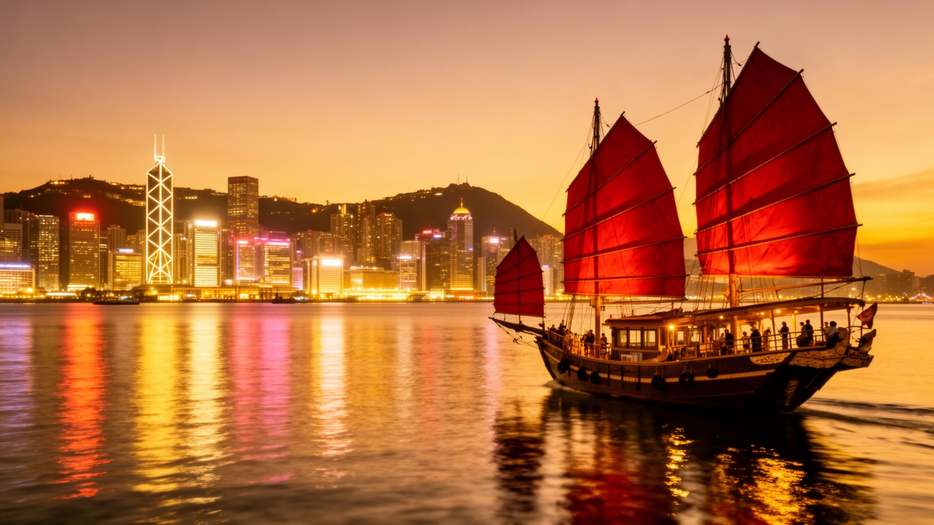 Hong Kong Harbor with junk boat at dusk